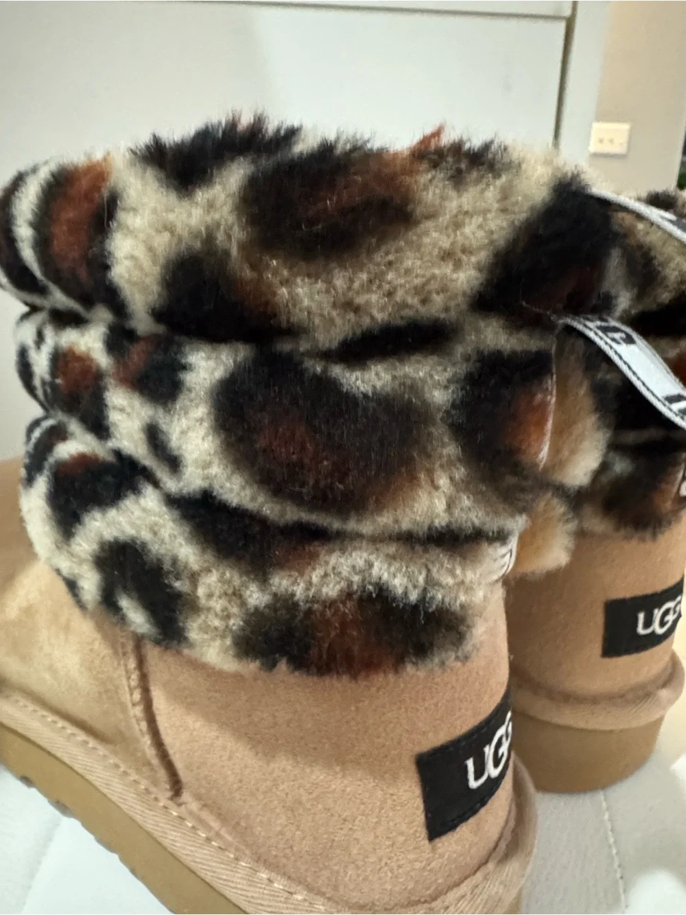 UGG Tan Suede Ankle Boots with Leopard-Print Fur Cuff